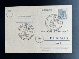 GERMANY 1948 POSTCARD LEIPZIG TO HALLE 01-05-1948 DUITSLAND DEUTSCHLAND SST FRIEDEN EINHEIT AUFBAU - Ganzsachen