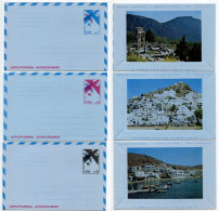 Greece 1970's 3 Different Mint Aerogrammes - 7d., 8d. 10d. Stylized Bird - Scenic Illustrations On Back - Entiers Postaux