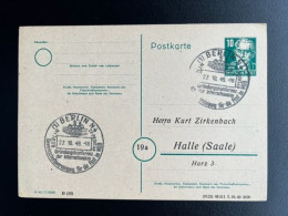 GERMANY 1949 POSTCARD BERLIN TO HALLE 27-10-1949 DUITSLAND DEUTSCHLAND SST GEWERKSCHAFTSVEREINIGUNG - Postwaardestukken