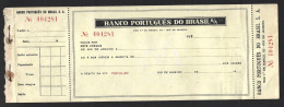 Cheque Do Banco Português Do Brasil. Rio De Janeiro. Check Of Banco Português Do Brasil. - Chèques & Chèques De Voyage
