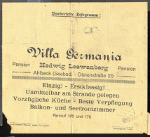 GERMANY(1924) Restaurant. Telegram With Printed Ad For Villa Germania In Ahlbeck - Vorzugliche Kuche - Beste Verpflegung - Altri & Non Classificati