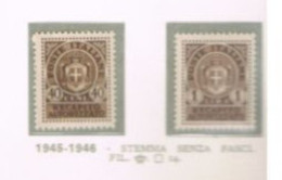 ITALIA REGNO   - UNIF. 6.7  - 1945.1946B RECAPITO AUTORIZZATO: NUOVO STEMMA SENZA FASCI (COMPLET SET OF 2)   - MINT** - Servicio Privado Autorizado