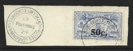 New Hebrides French 1924 50c Surcharge On 25c Blue FU On Piece With Near Full H & C Type 8 Cds , + Full Cds Adjacent - Used Stamps