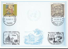 UNO GENF Blaue Karte 214, Mit SoSt. Wien Und Genf, Würzburg Trilaterale 9.5.1991 - Covers & Documents