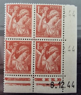 FRANCE Variété Yvert N°652 Bloc De 4 Coin Daté (Visage Partiellement Absent). Neuf Sans Charnière. (timbre Haut A Gauche - Neufs
