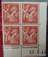 FRANCE Variété Yvert N°652 Bloc De 4 Coin Daté (Le 0 De 1,50 Incomplet). Neuf Sans Charnière.(2 Timbres Du Haut - Unused Stamps