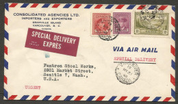 1948 Special Delivery Airmail Cover 17c War/Peace CDS Vancouver BC Importers Corner Card - Postal History