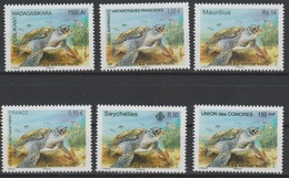 La Tortue Verte Green Turtle Schildkröte 2014 Joint Issue Faune Fauna Madagascar Seychelles France Comores MNH 6 Val. ** - Comoren (1975-...)