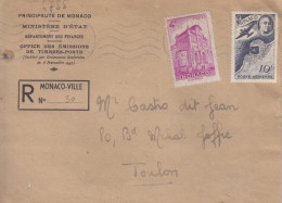 Lettre Rec. Du "Ministère D'Etat" Obl. Monte Carlo Le 25 I 47 Sur 4F N° 278 Et 10F PA 20 Pour Toulon - Storia Postale