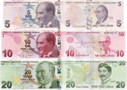 TURKEY 5 10 20 Lirasi L. 1970 / 2009 P 222 223 224 UNC 3 Banknotes - Turquie