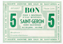 Billet De Nécessité "Bon Pour 5 Bouteilles D'eau Minérale Saint Géron / Arvant / Haute-Loire" - Bonds & Basic Needs