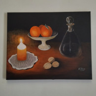 TABLEAU Nature Morte  Pichet  Coupe Fruits Bougie Noix Peinture Acrylique Sur Toile Signé N.Petry - Acryliques