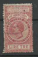 Italie Fiscal Actes Administratifs Victor Emmanuel III  3 Lires Rouge Oblitéré  B/ TB    Voir Scans Soldé  ! ! ! - Steuermarken