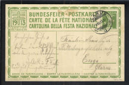 SUISSE Ca.1913: CP Entier De 5c De La Fête Nationale Suisse, Obl. CAD Glaris (GL) Pour Engi (GL) - Entiers Postaux