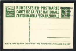 SUISSE Ca.1914: CP Entier De 5c De La Fête Nationale Suisse, Surchargée "ENTWERTET  ANNULE  ANNULATO", Neuve - Entiers Postaux