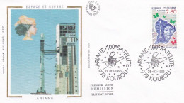 FDC Soie --1995--Espace Et Guyane--fusée  ARIANE--100° Satellite  .......cachet  973-KOUROU - 1990-1999