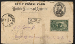 UY3r Reply Card Indore INDIA To Richmond VA 1899 SEA POST POSTAGE DUE - ...-1900