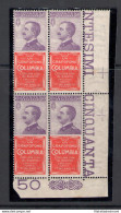 1924 Regno D'Italia, Pubblicitario N. 11, 50 Cent Columbia Bruno Verde E Oltremare, Blocco Di Quattro - MNH** - Reclame