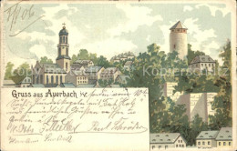 42286896 Auerbach Vogtland Ortsansicht Mit Kirche Turm Kuenstlerkarte Auerbach - Auerbach (Vogtland)