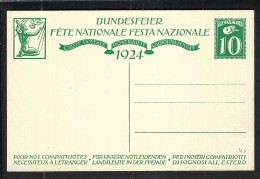 SUISSE Ca.1924: CP Ill. Entier De 10c De La Fête Nationale Suisse, Neuve - Entiers Postaux