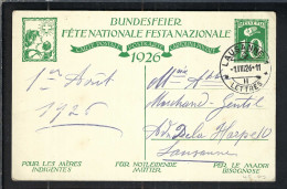 SUISSE Ca.1926: CP Ill. Entier De 10c De La Fête Nationale Suisse, Obl. CAD Lausanne (VD) Pour Lausanne (VD) - Entiers Postaux