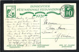 SUISSE Ca.1926: CP Ill. Entier De 10c De La Fête Nationale Suisse, Obl. CAD Ollon (VD) Pour Yverdon (VD) - Entiers Postaux