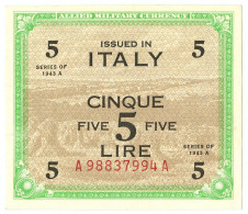 5 LIRE OCCUPAZIONE AMERICANA IN ITALIA BILINGUE FLC A-A 1943 A QFDS - Occupazione Alleata Seconda Guerra Mondiale