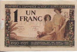 Billet De 1 Franc De La Chambre De Commerce De Nice, 1920 - Chambre De Commerce