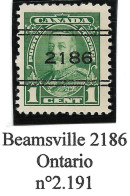 CANADA Préoblitérés Precancels Beamsville 2186 Ontario N° 2.191 - Preobliterati