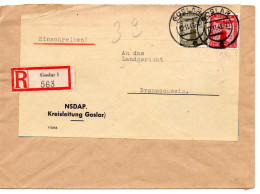 61913 - Deutsches Reich / Dienst - 1943 - 30Pfg Partei-Dienst MiF A R-Bf GOSLAR -> BRAUNSCHWEIG, Abs: NSDAP-Kreisleitung - Dienstmarken