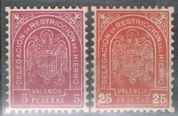 Sellos Viñetas VALENCIA , 5 Y 25 Pts, Guerra Civil, Delegacion Restriccion Del HIERO ** - Viñetas De La Guerra Civil