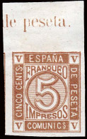 España - (*) - Cifras 1872 - Ensayo Color 5cts. Castaño Amarillo - S/dentar - Borde Hoja - Gálvez 774 - Nuevos