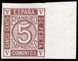 España - (*) - Cifras 1872 - Ensayo Color 5cts. Castaño Rojizo - S/dentar - Borde Hoja - Gálvez 775 - Nuevos