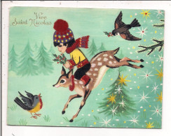 Carte Double Aspect Velours Ras - VIVE SAINT-NICOLAS   Enfant, Biche, Oiseaux - Nikolaus