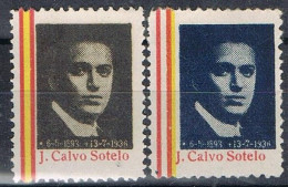 Dos Sellos Viñeta, Muerte CALVO SOTELO, Falange, Guerra Civil ** - Spanish Civil War Labels