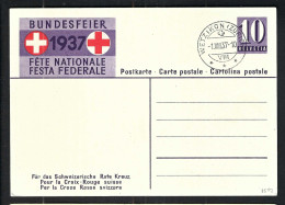 SUISSE Ca.1937: CP Ill. Entier De 10c De La Fête Nationale Suisse, Obl. CAD Wetzikon, Pas Circulé - Entiers Postaux