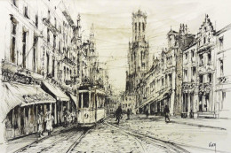 Dessin Original Encre De Chine Bruges Vlaanderen Straat Par Koen - Dibujos