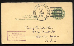 UY7r Postal Card AMERICAN BASE FORCES APO 801 CENSORED Newfoundland 1941 - 1901-20