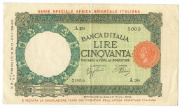 50 LIRE CAPRANESI LUPA CAP. AFRICA ORIENTALE ITALIANA AOI 12/09/1938 BB+ - Africa Oriental Italiana