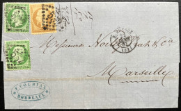 N°21 10c BISTRE & 2XN°20 5c VERT SUR LETTRE / BORDEAUX POUR MARSEILLE 22 JANV 1867 / LAC NOILLY PRAT - Cartas & Documentos