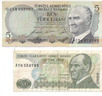 2 Billets  Anciens/TURQUIE/5 Et 10 Livres Turques/Turkiye Cumhuriyet Merkez Bankasi/Vers 1970   BILL279 - Turquie