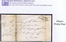 Ireland Cork 1845 Cover To EIC In London With Italic "Cloyne/Penny Post" In Black, Charged "2" UPP Collect Rate - Prefilatelia