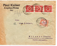 62003 - Deutsches Reich - 1924 - 3@10Pfg Korbdeckel A Bf PIRNA -> BOLZANO (Italien), M 30c Nachporto (Postlagergebuehr) - Postage Due