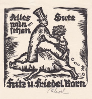 Alles Gute Wünschen Fritz Und Friedel Born - Exlibris Glückwunsch Glücksschwein Schwein Holzschnitt Woodcut Bo - Bookplates