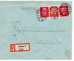 62039 - Deutsches Reich - 1933 - 2@15Pfg Hindenburg MiF A R-Bf BREMEN -> HANNOVER - Briefe U. Dokumente