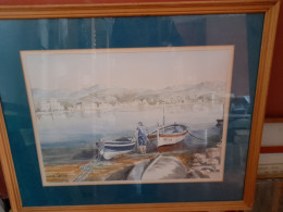 Peinture Tableau - Aquarelle Originale Signée Lucien Caillol - Port De Llanca Costa Brava Espagne - Barques Bateaux - Acuarelas