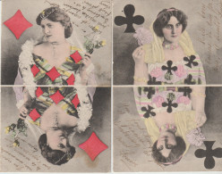 Lot De 4 Cpa : Cartes à Jouer . Les 4 DAMES :Trèfle, Coeur, Pique, Et Carreau - Playing Cards