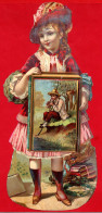 Grande Chromo Découpis à Fenêtre 12 X 28,5 Cm. Jeune Fille Présentant Un Tableau (pêcheur Au Bord De L'eau). - Enfants