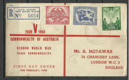 AUSTRALIA 1946 Michel 173 - 175 FDC WWII Peace Registered Sydney NSW, Sent To Great Britain - FDC