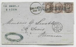 INDIA ONE ANNA BANDE DE 3 LETTRE CALCUTTA SURCHARGE STAMPED 1882 COVER VIA BOMBAY ADEN TO SAINT DENIS REUNION - 1882-1901 Keizerrijk